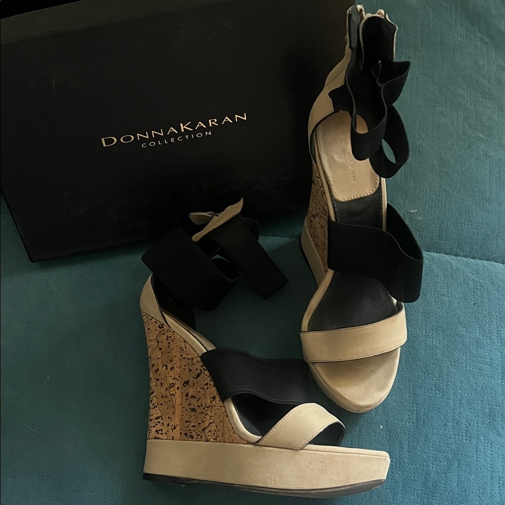 Donna Karan Black and Cream Wedge Heels